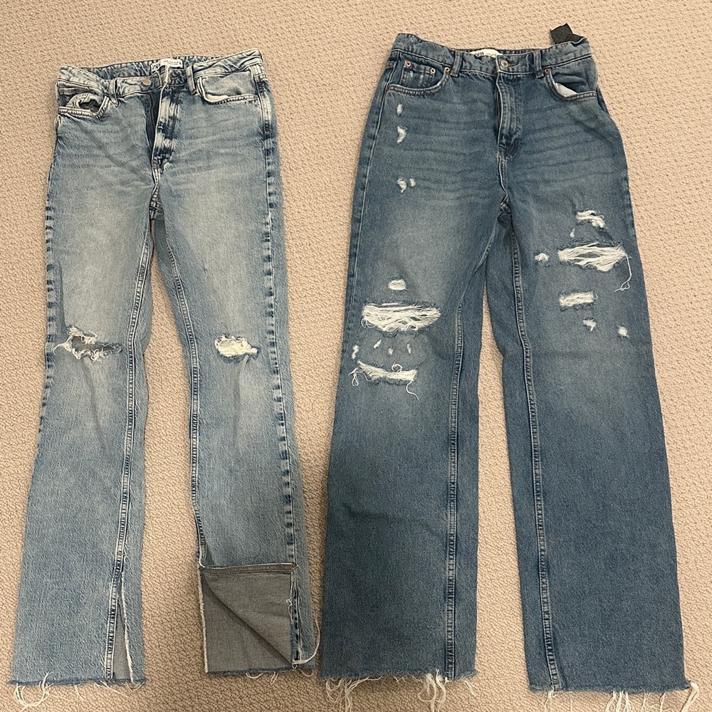 Zara Women's Straight Leg Distressed Blue Jeans